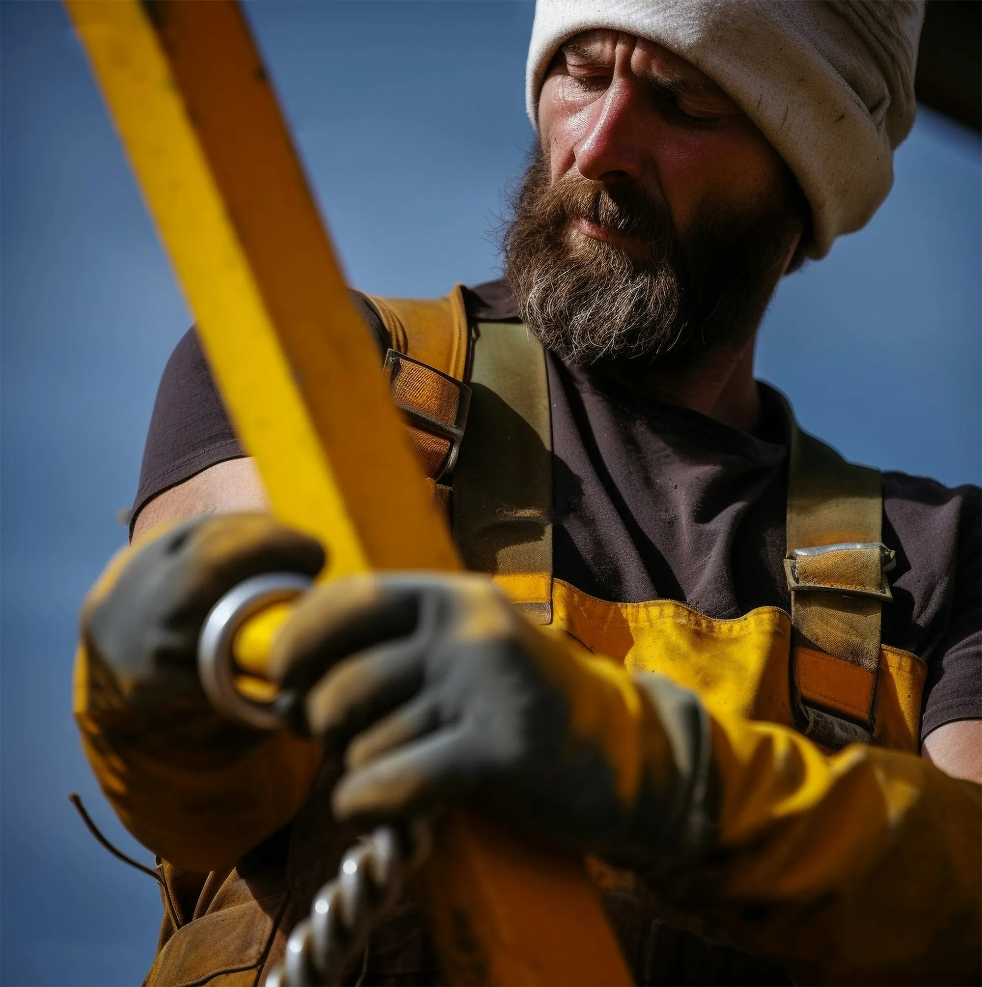 Worker in a hard hat and gloves holding a yellow level