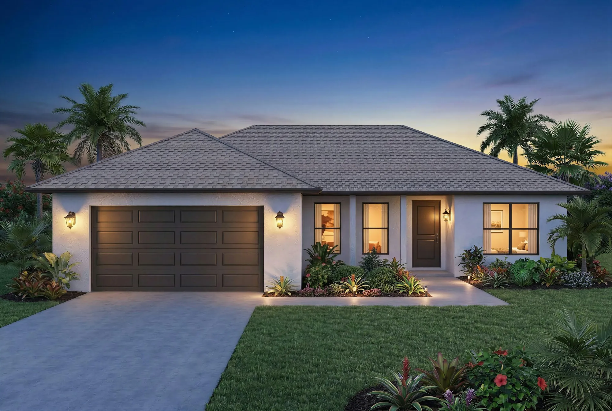 Single-story home with a dark garage door and palm trees at dusk